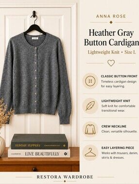 Anna Rose Heather Gray Button Front Cardigan Lightweight Knit Preppy L